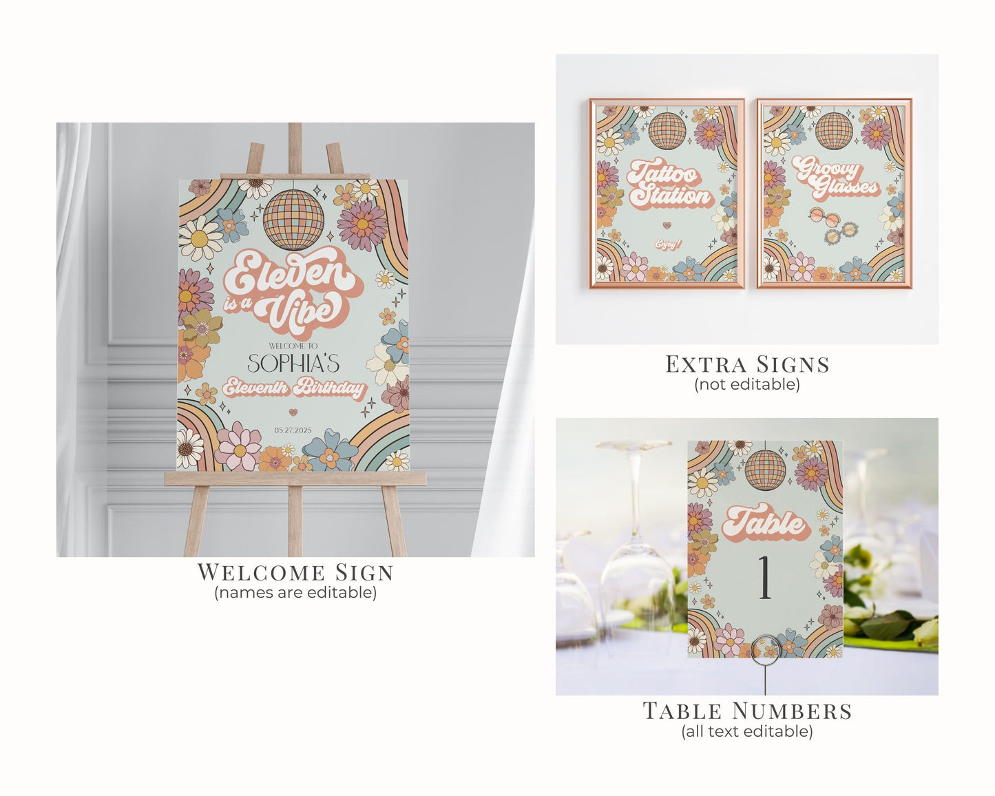 Eleven is a Vibe Groovy Floral Eleventh Birthday Bundle Template, boho hippie invite for girl, 11th birthday party retro groovy party pack