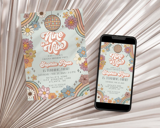 Nine is a Vibe Groovy Floral 9th Birthday Invitation Template, retro ninth birthday party invite for 70s disco party for girl