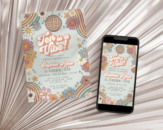 Ten is a Vibe Groovy Floral 10th Birthday Invitation Template, retro tenth birthday party invite for 70s disco party for girl