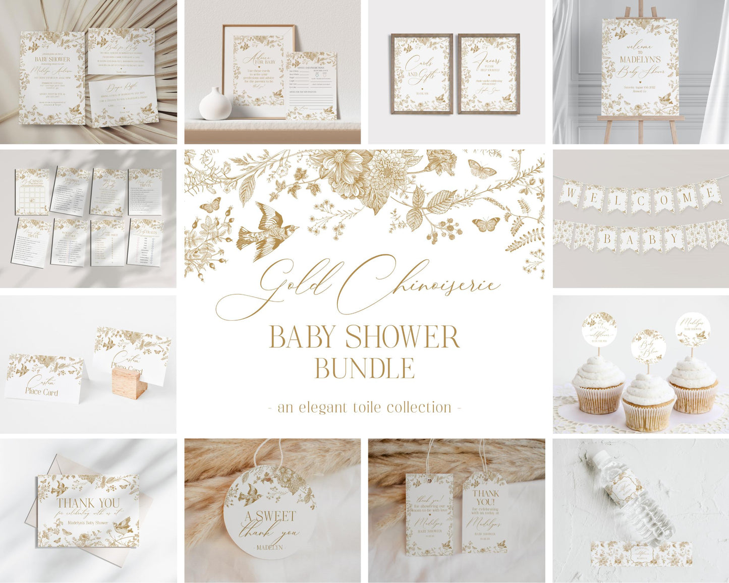 Gold Toile De Jouy Baby Shower Printable Bundle, Gold Vintage Chinoiserie Baby Sprinkle Decor Ornate French Country Regency Party Decor