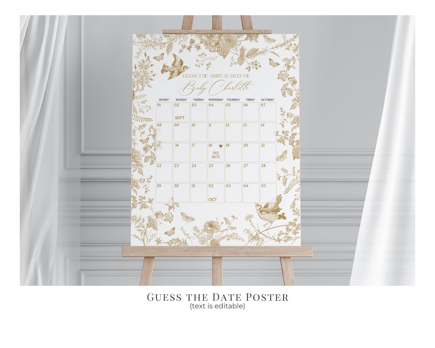 Gold Toile De Jouy Baby Shower Printable Bundle, Gold Vintage Chinoiserie Baby Sprinkle Decor Ornate French Country Regency Party Decor