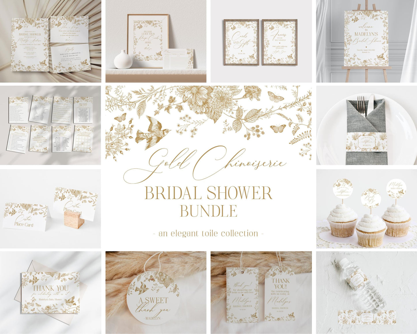 Gold Toile De Jouy Bridal Shower Bundle Printable Template, Vintage Gold Chinoiserie Bridal Brunch Decor Ornate French Country Party Decor