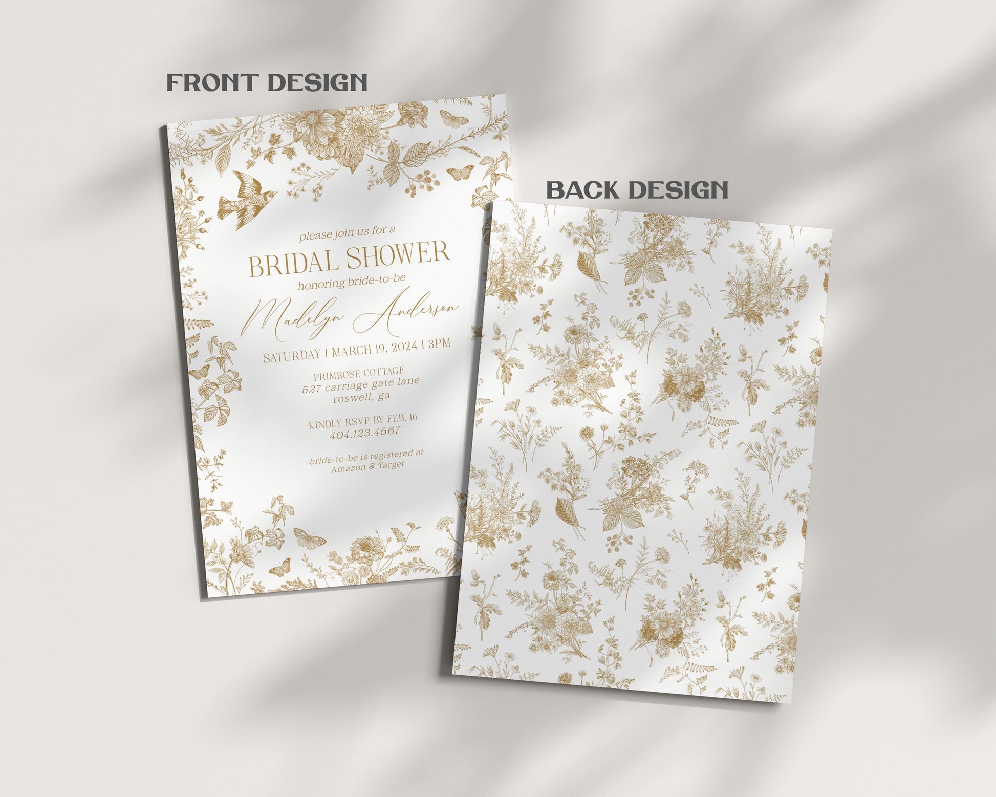 Gold Toile Bridal Shower Invitation Printable Template, Vintage Gold Chinoiserie Bridal Shower Decor Ornate French Country Party Decor