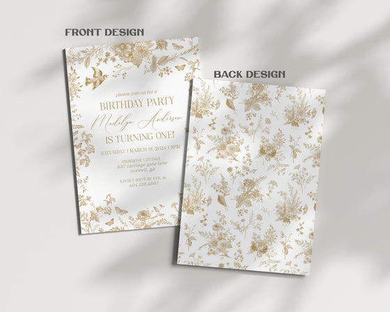 Gold Toile De Jouy Birthday Invitation Printable Template, Vintage Gold Chinoiserie Birthday Party for French Country Regency Party Decor