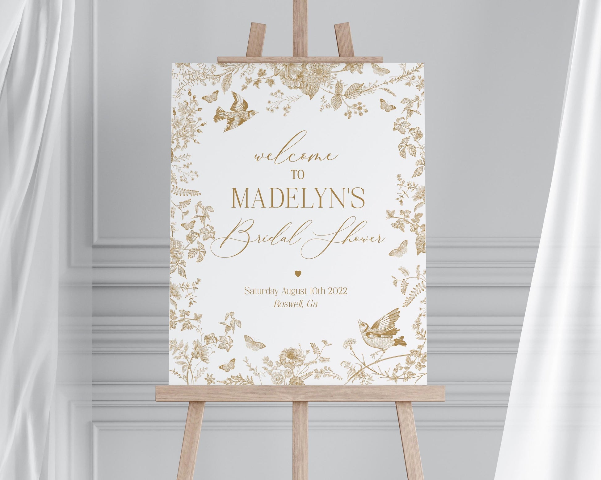 Gold Toile De Jouy Bridal Shower Welcome Sign Printable Template, Vintage Gold Chinoiserie Bridal Brunch Decor Ornate French Country Party