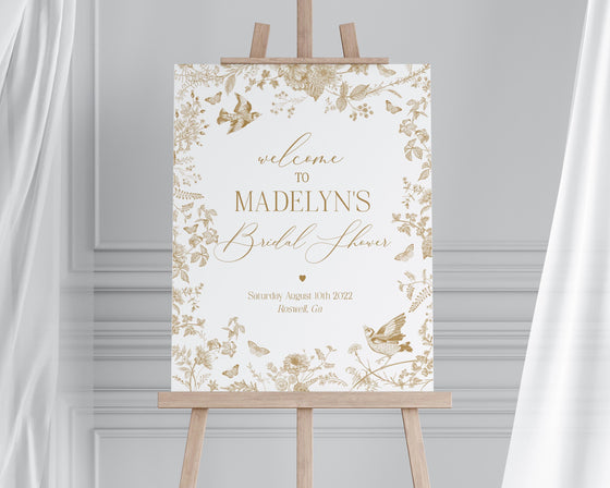 Gold Toile De Jouy Bridal Shower Welcome Sign Printable Template, Vintage Gold Chinoiserie Bridal Brunch Decor Ornate French Country Party