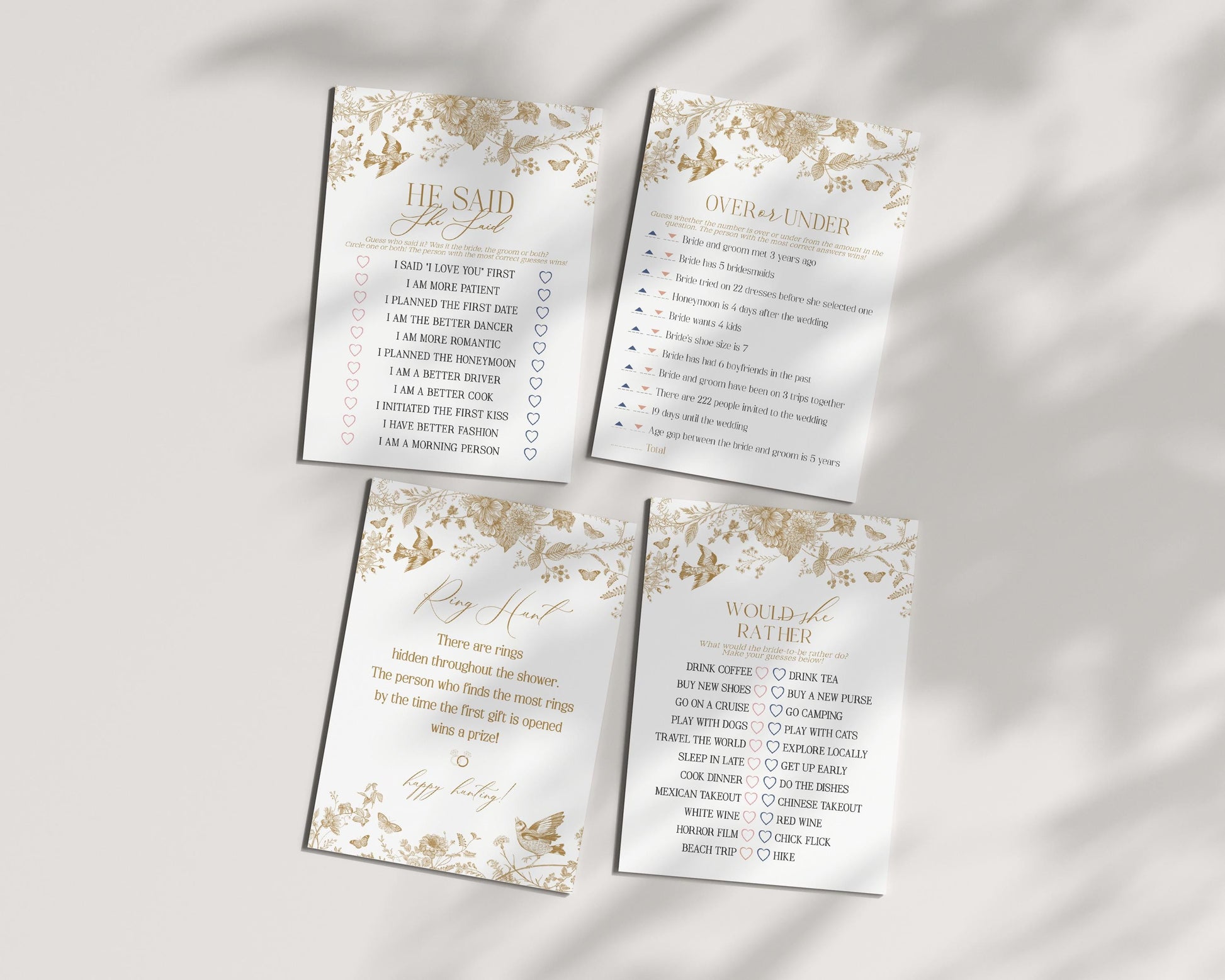 Gold Toile De Jouy Bridal Shower Games Set Printable Template, Vintage Gold Chinoiserie Bridal Brunch Decor Ornate French Country Party