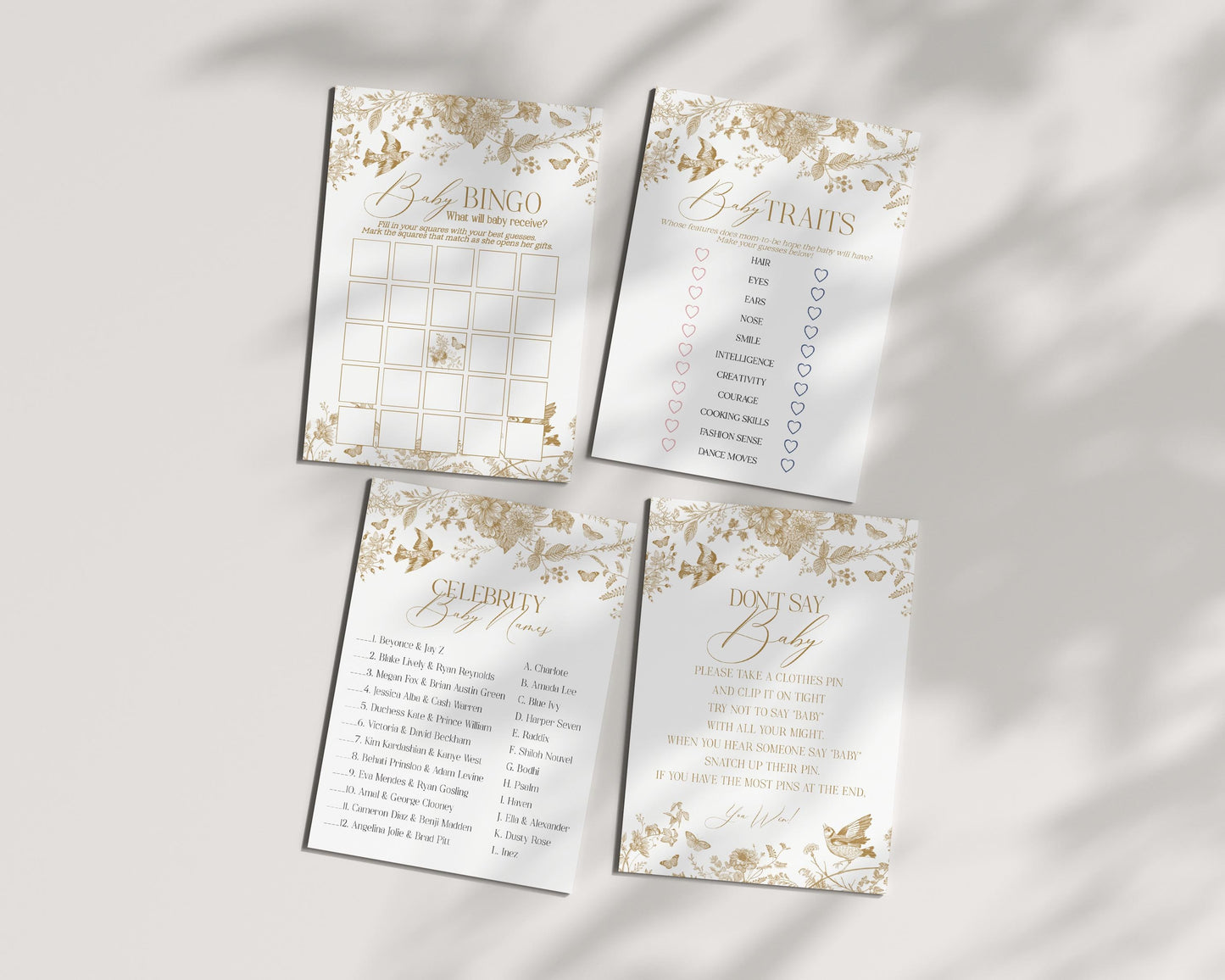 Gold Toile De Jouy Baby Shower Games Printable Template, Gold Vintage Chinoiserie Baby Sprinkle Decor Ornate French Country Regency Party