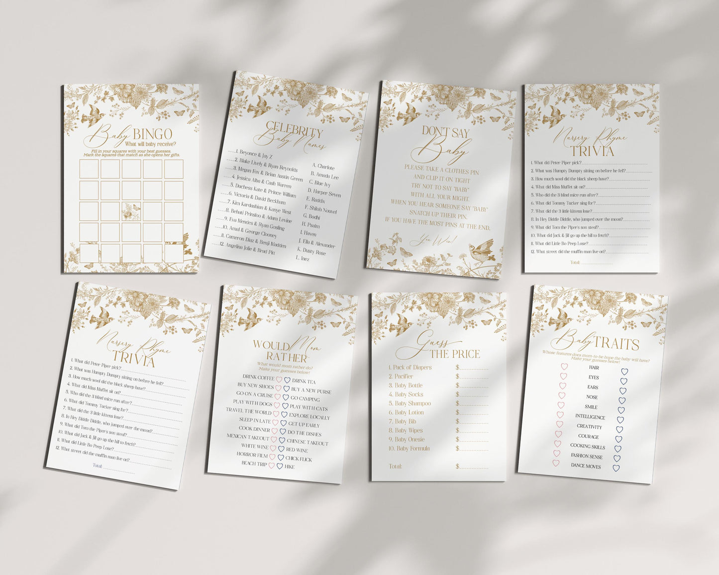 Gold Toile De Jouy Baby Shower Games Printable Template, Gold Vintage Chinoiserie Baby Sprinkle Decor Ornate French Country Regency Party