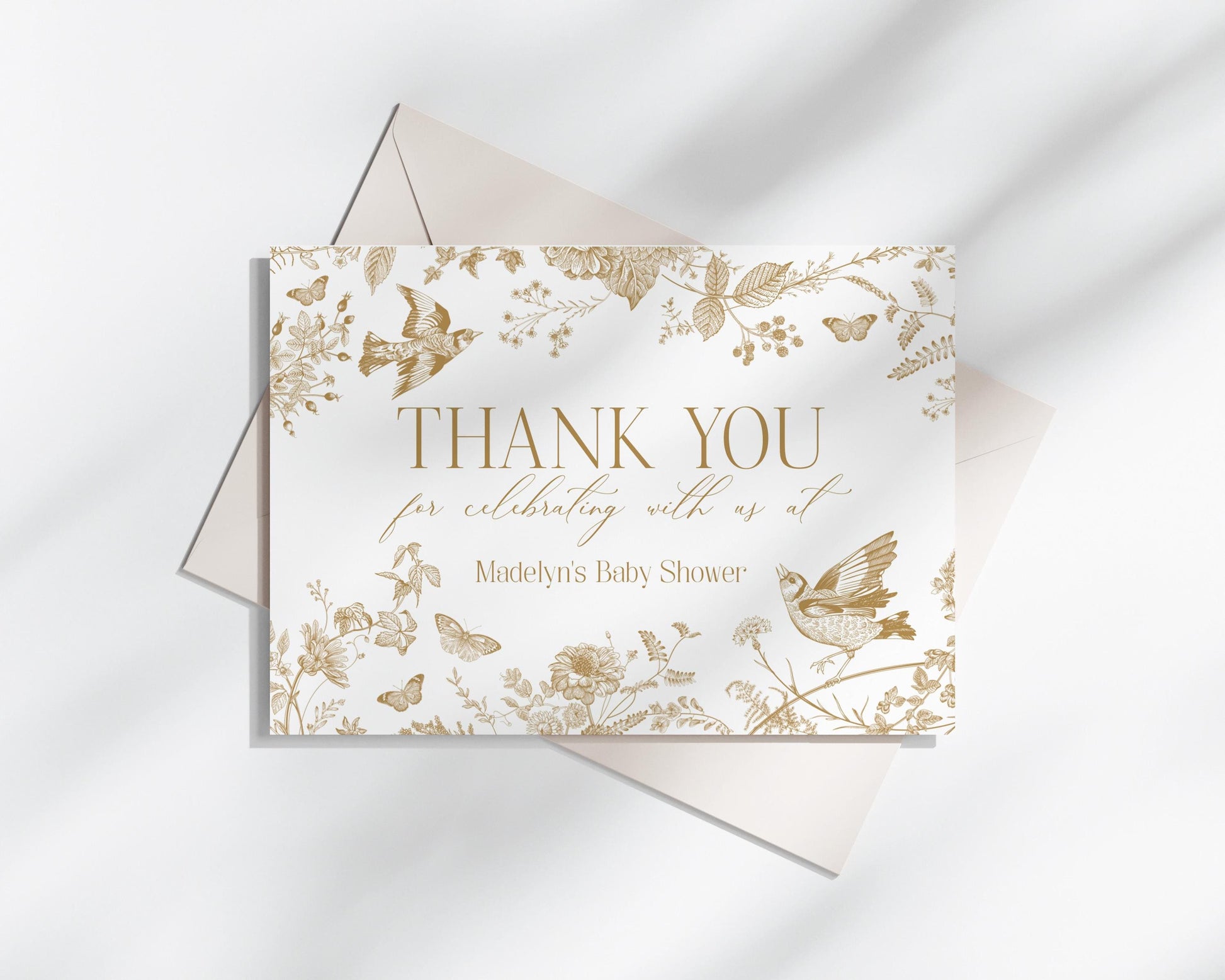 Gold Toile De Jouy Thank You Card Printable Template, Gold Vintage Chinoiserie Wedding Card Ornate French Country Regency Party Decor