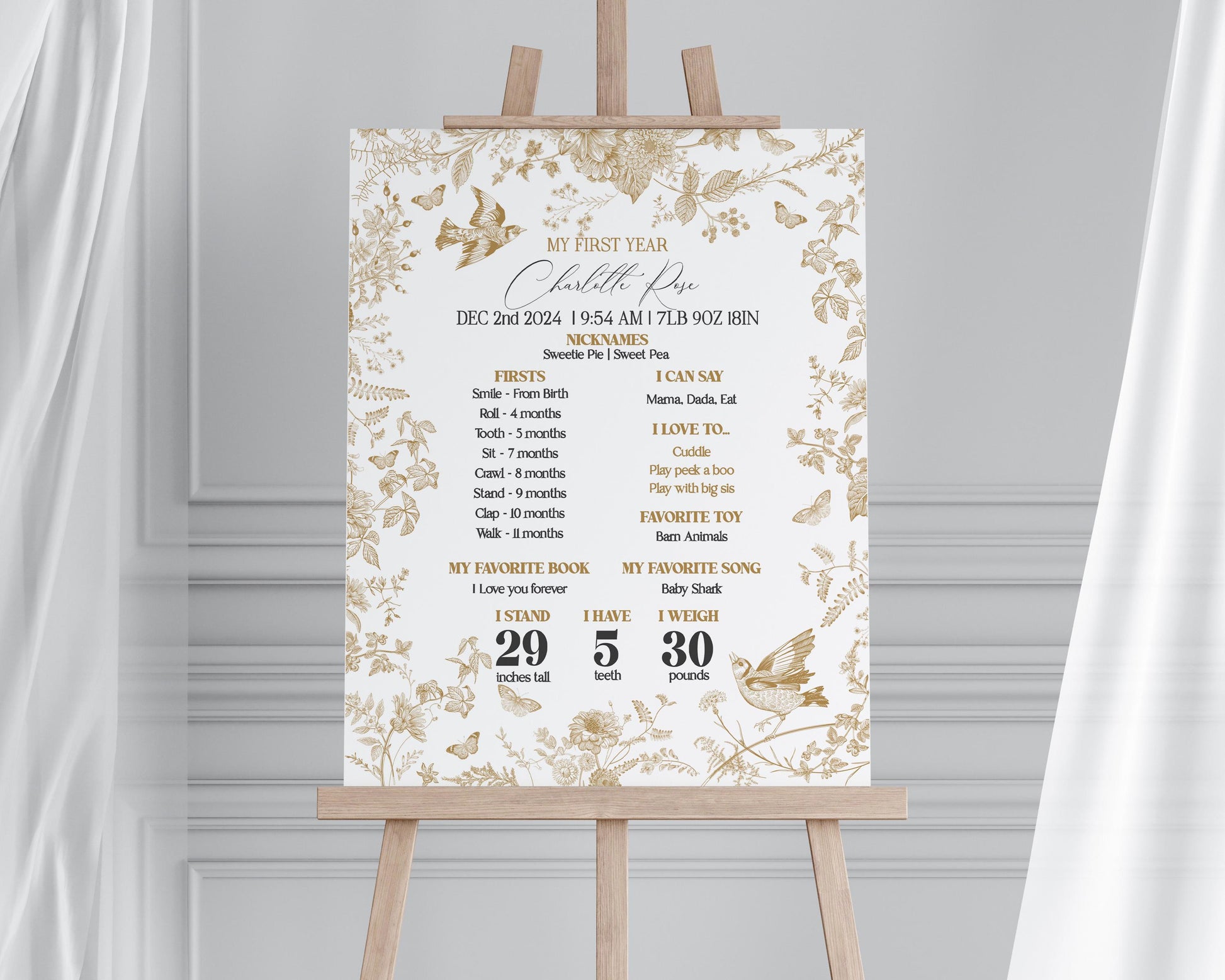 Gold Toile De Jouy First Year Milestone Sign Template, Vintage Gold Chinoiserie 1st Birthday for French Country Regency Toile Party Decor