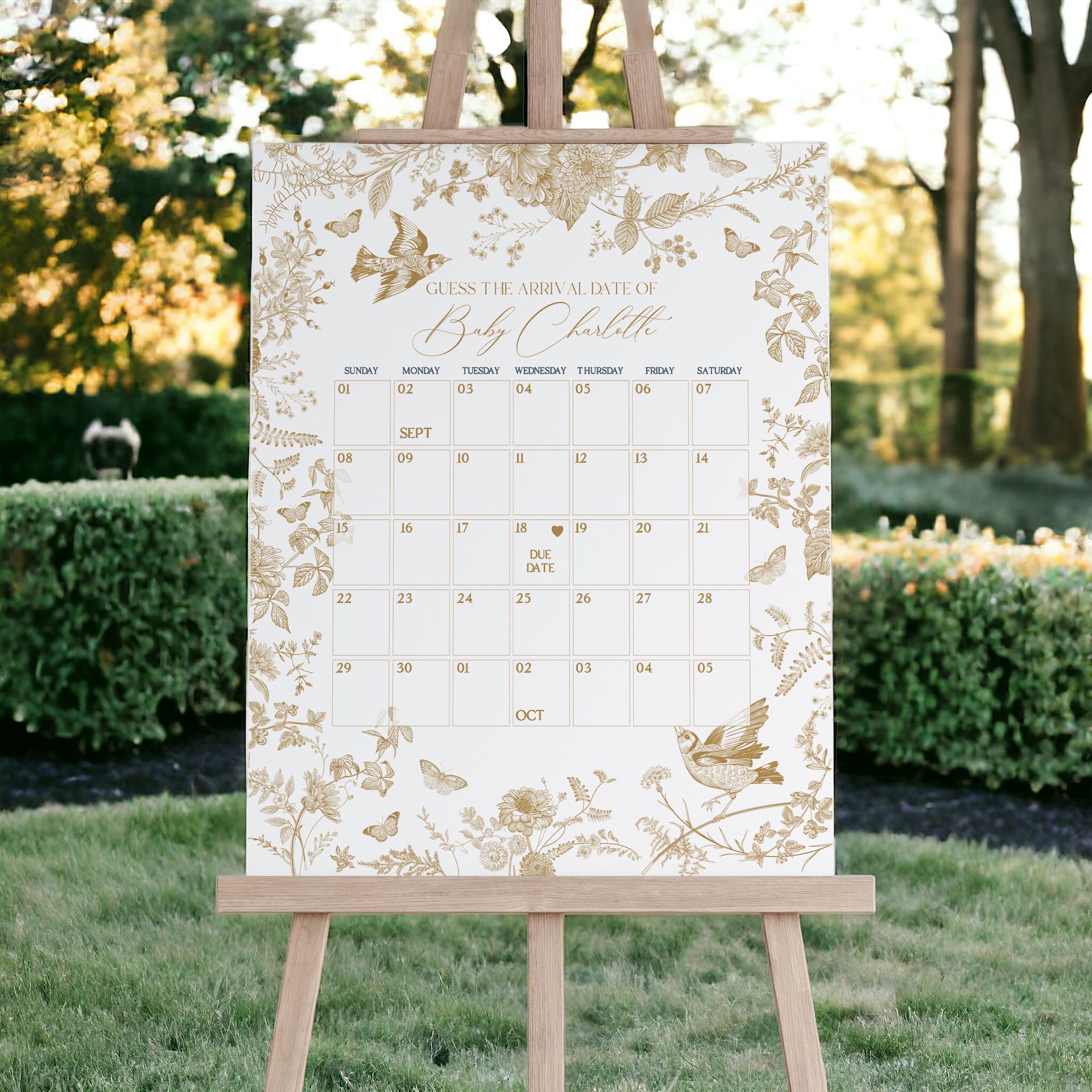 Gold Toile De Jouy Baby Shower Guess the Date Game Template, Gold Vintage Chinoiserie Baby Sprinkle Decor Ornate French Country Regency