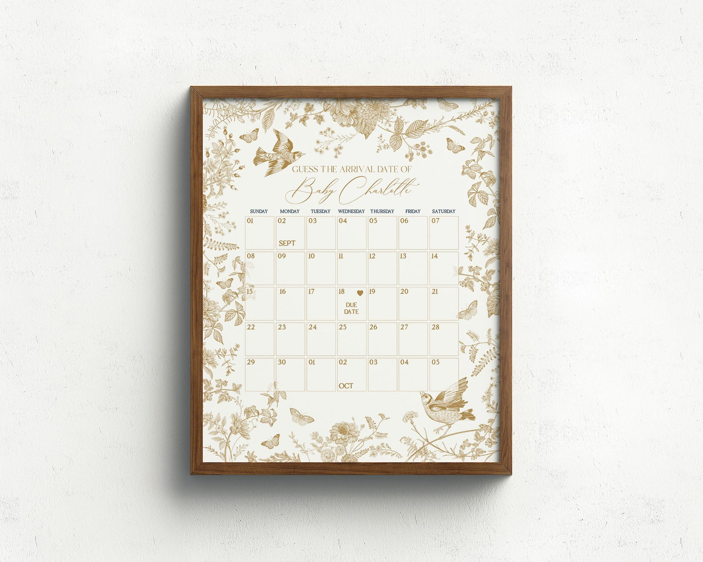 Gold Toile De Jouy Baby Shower Guess the Date Game Template, Gold Vintage Chinoiserie Baby Sprinkle Decor Ornate French Country Regency