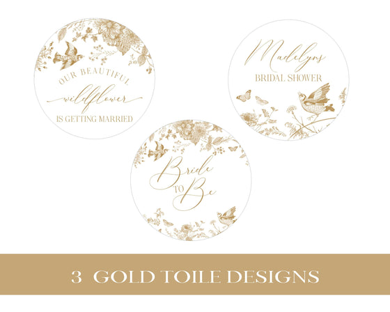 Gold Toile De Jouy Bridal Shower Cupcake Toppers Printable Template, Vintage Gold Chinoiserie Bridal Brunch Decor Ornate French Country