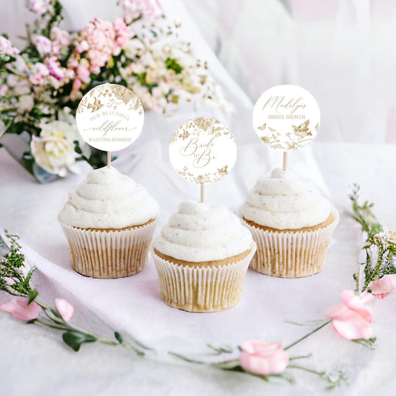 Gold Toile De Jouy Bridal Shower Cupcake Toppers Printable Template, Vintage Gold Chinoiserie Bridal Brunch Decor Ornate French Country