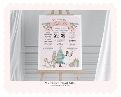 Pastel Pink Nutcracker Winter Onederland First Birthday Bundle Printable, dark skin tone ballerina Christmas birthday party girl sugar plum