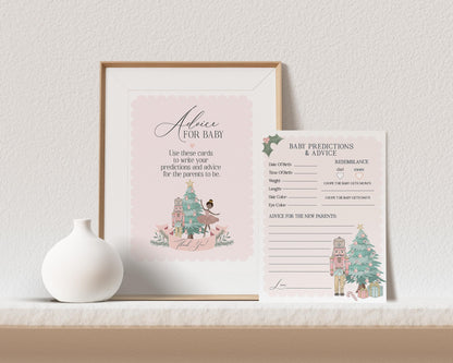 Pastel Pink Nutcracker Advice for Baby Cards Printable Template, December baby shower dark skin tone ballerina Christmas winter wonderland