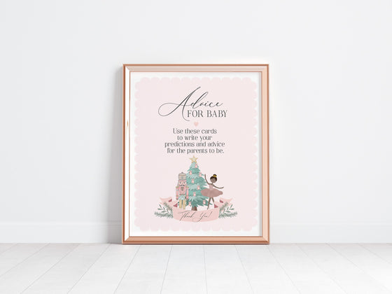 Pastel Pink Nutcracker Advice for Baby Cards Printable Template, December baby shower dark skin tone ballerina Christmas winter wonderland