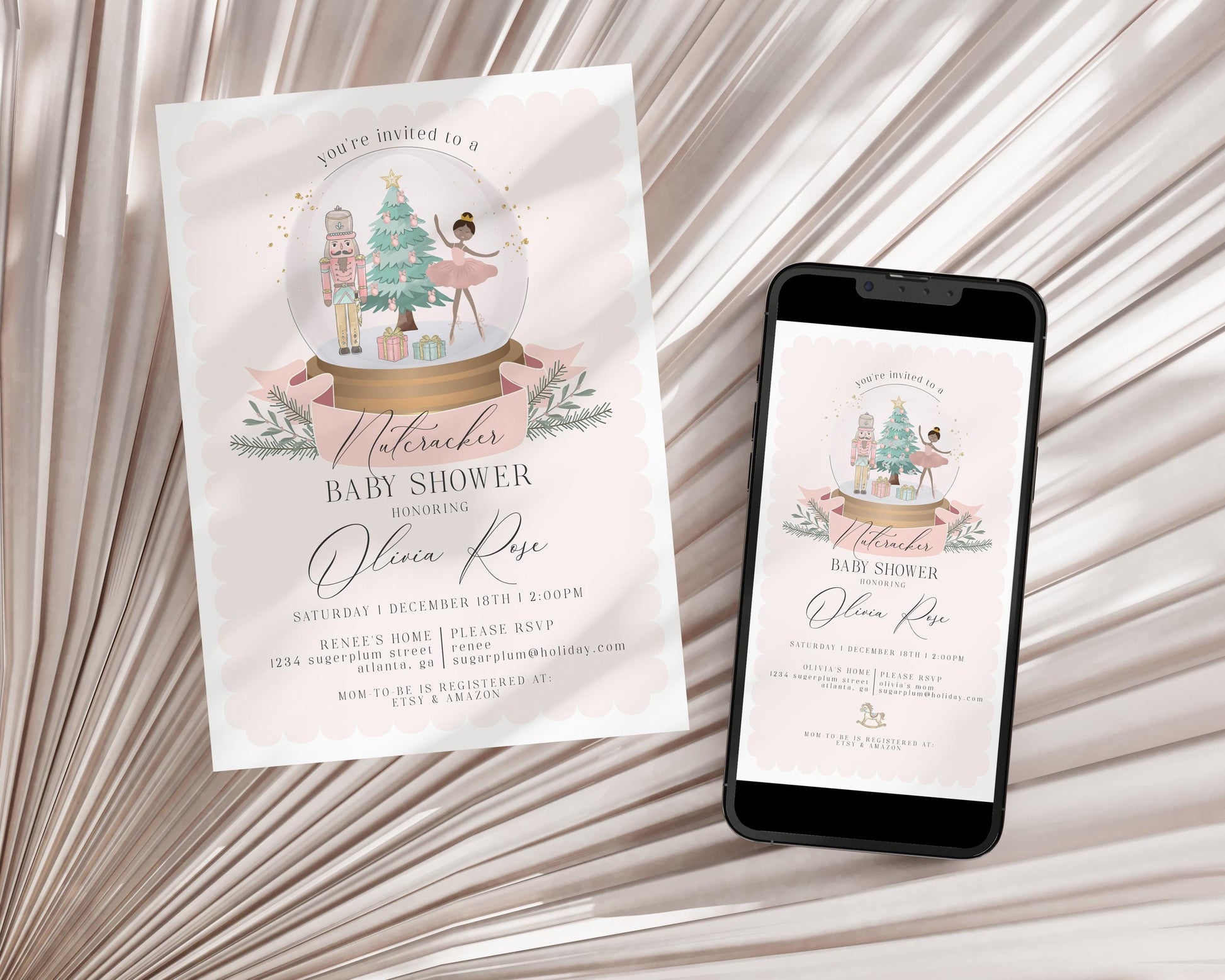 Pastel Pink Nutcracker Baby Shower Invitation Bundle Instant Download, christmas winter wonderland dark skin tone ballerina girl sugar plum