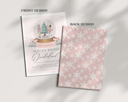 Pastel Pink Nutcracker First Birthday Invitation Template, dark skin tone ballerina christmas winter onederland birthday party sugar plum