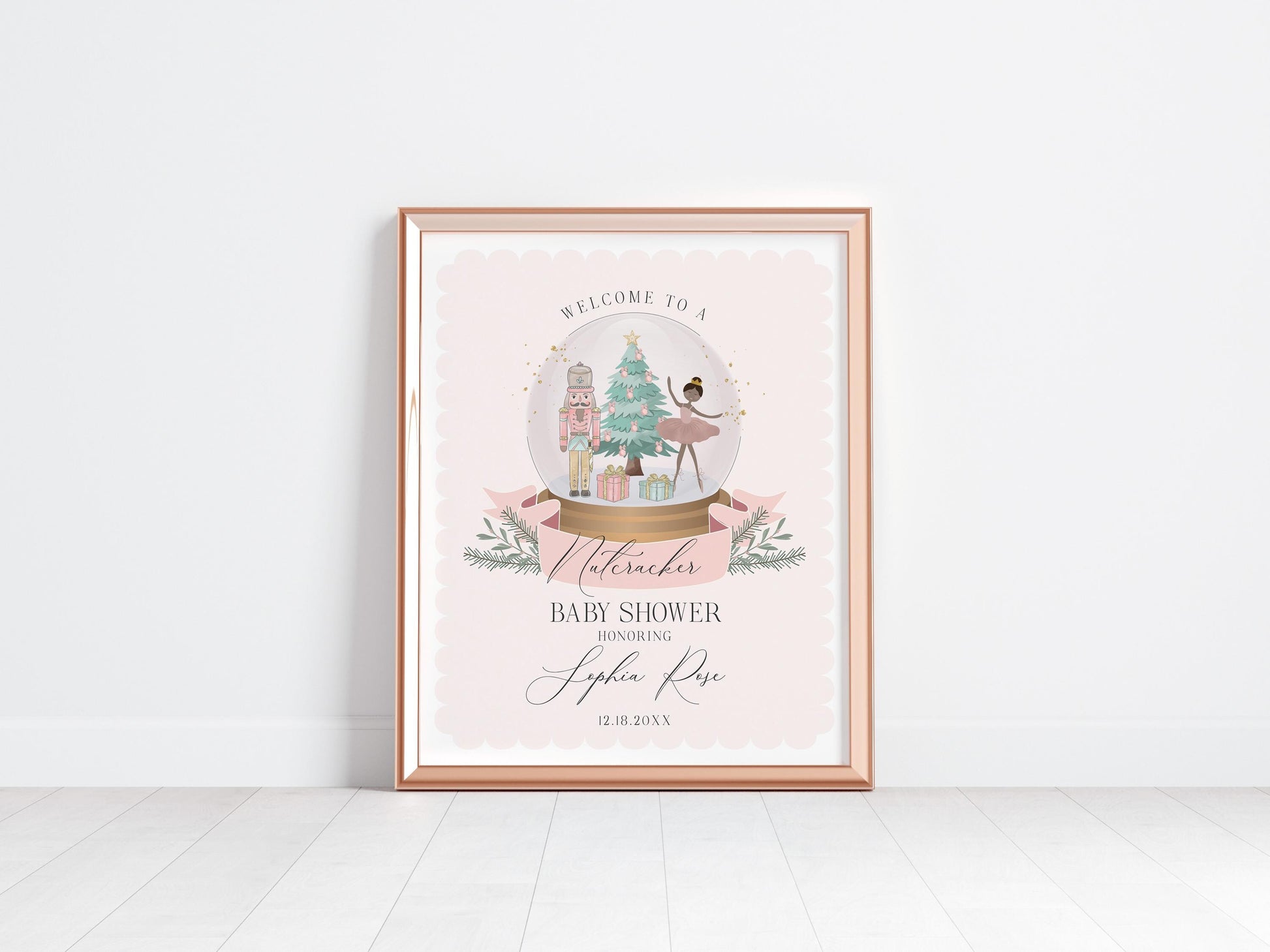 Pastel Pink Nutcracker Baby Shower Welcome Sign Template, dark skin tone ballerina christmas winter wonderland baby shower sugar plum fairy