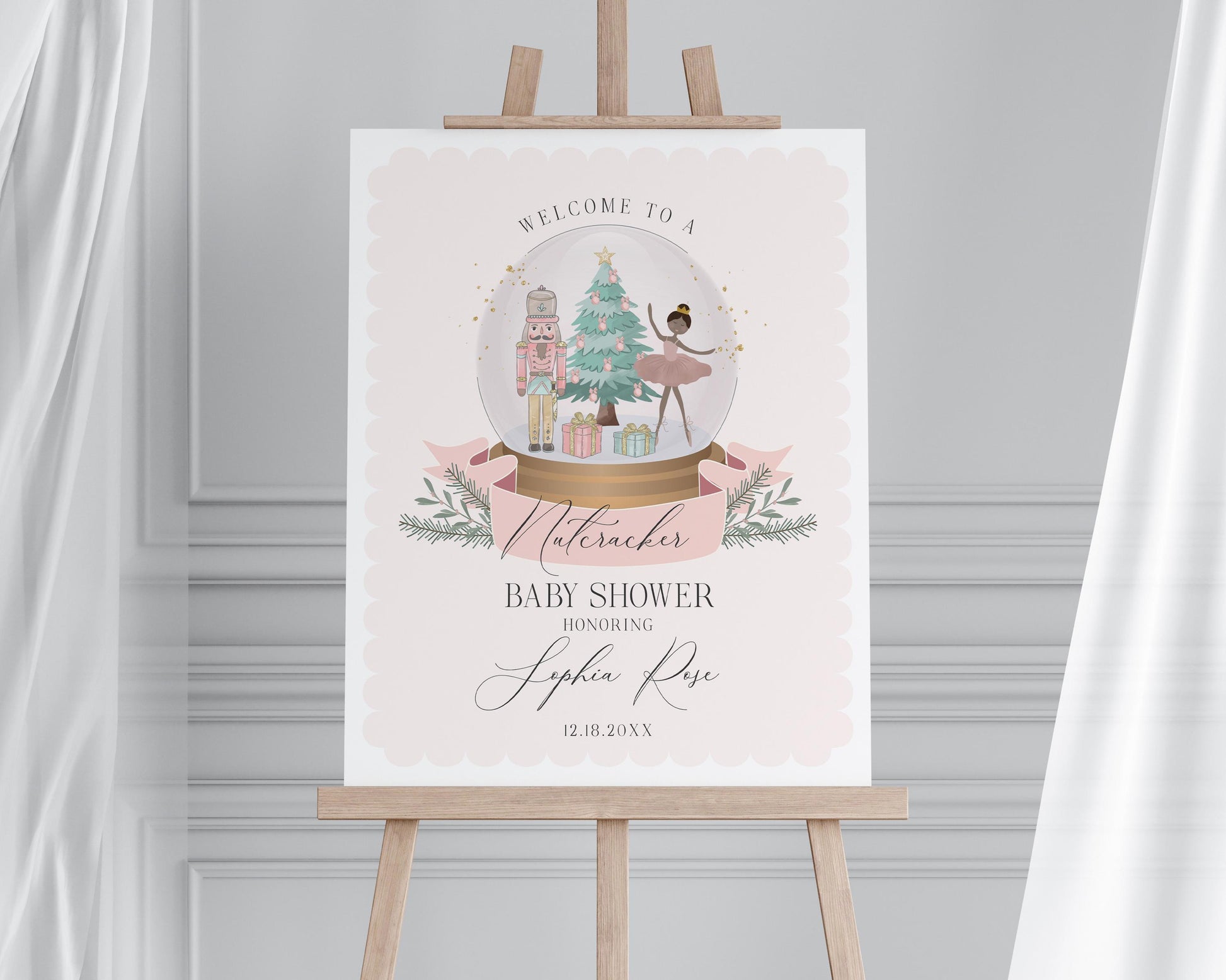 Pastel Pink Nutcracker Baby Shower Welcome Sign Template, dark skin tone ballerina christmas winter wonderland baby shower sugar plum fairy