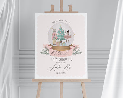 Pastel Pink Nutcracker Baby Shower Welcome Sign Template, dark skin tone ballerina christmas winter wonderland baby shower sugar plum fairy