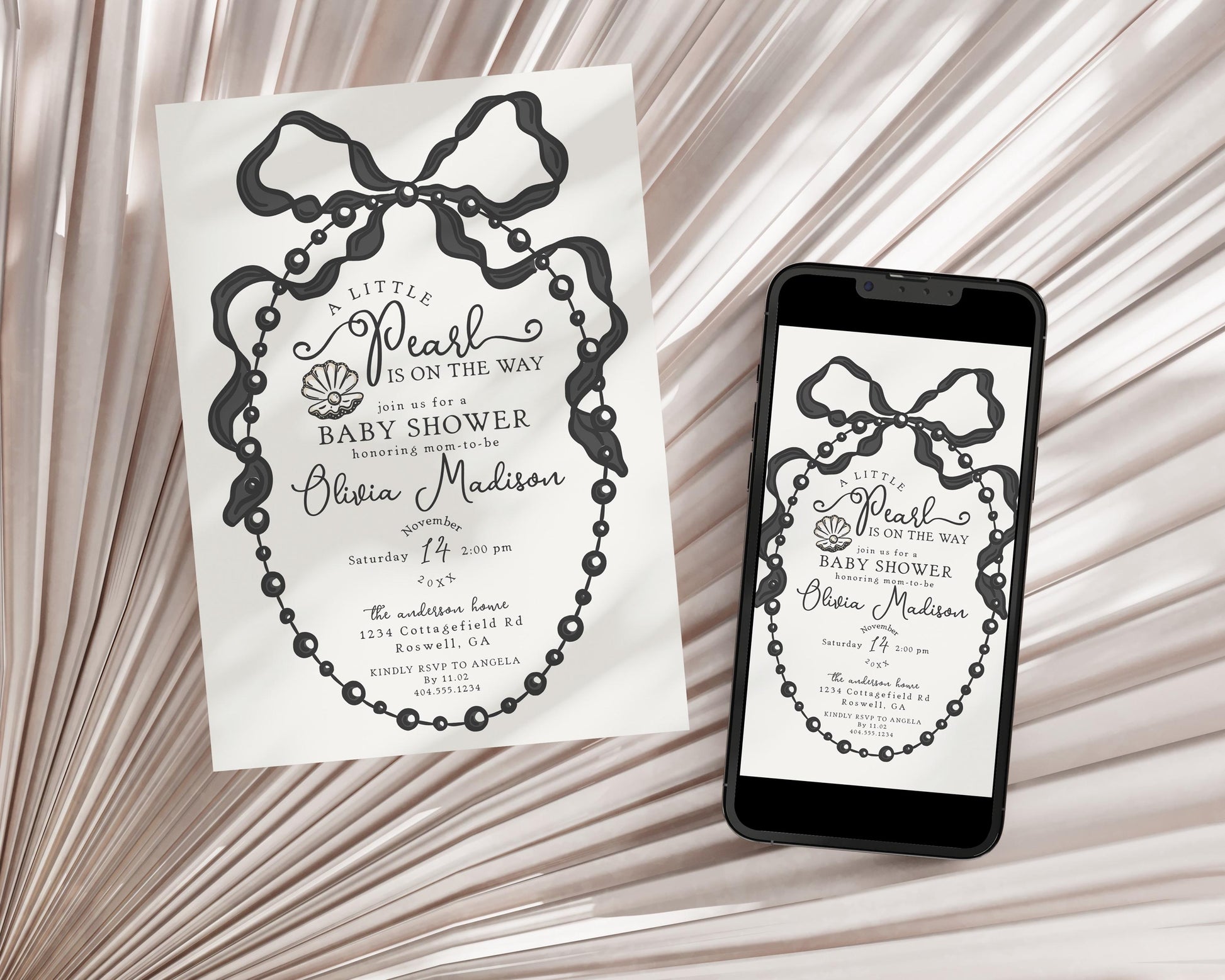 French Theme Little Pearl Baby Shower Invitation Printable Template, Whimsical Ribbon Black Bow Baby Sprinkle Decor Black and White WP1002