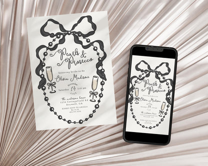 French Theme Pearls and Prosecco Bridal Shower Invitation Printable Template, Black Bow Brunch and Bubbly Decor for Bridal Brunch WP1002