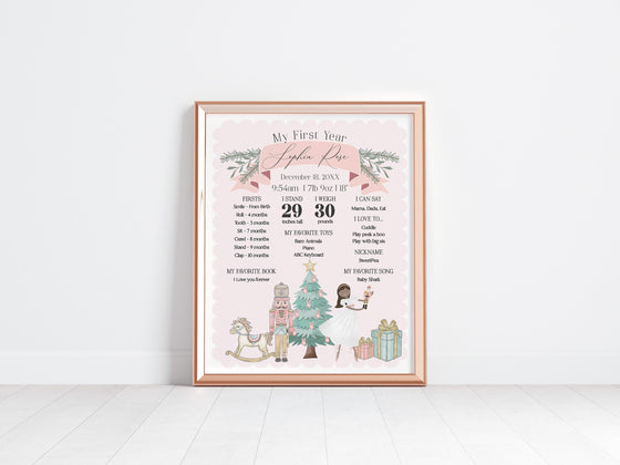 Pastel Pink Nutcracker First Year Milestone Sign Printable Template, dark skin tone ballerina, winter onederland December Christmas ballet