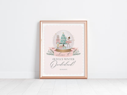 Pastel Pink Nutcracker First Birthday Welcome Sign Template, dark skin tone ballerina christmas winter onederland birthday sugar plum fairy