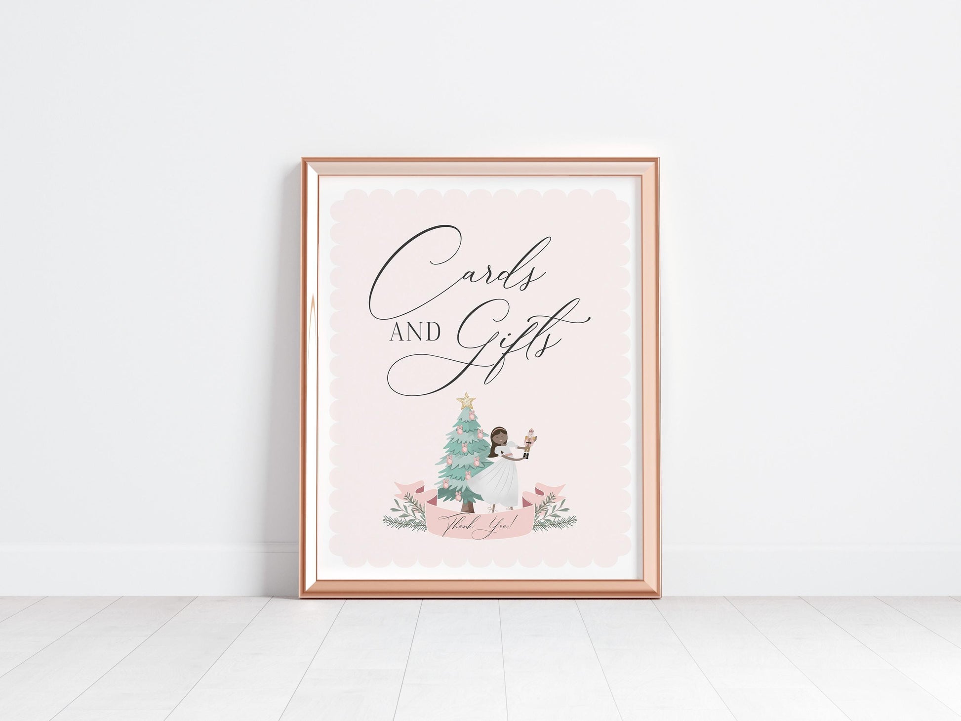 Pastel Pink Nutcracker Cards & Gifts Sign and Favors Sign Printable, Christmas dark skin tone ballerina winter wonderland sugar plum fairy