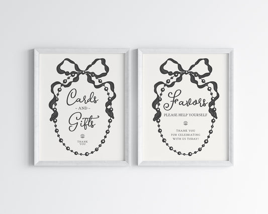 French Theme Pearls Cards & Gifts and Favors Sign Printable Template, Ribbon Black Bow Brunch and Bubbly Decor Bridal Brunch WP1002