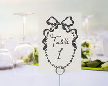  French Theme Pearl Table Number Cards Printable Template, Whimsical Ribbon Black Bow Brunch and Bubbly Decor Wedding Brunch WP1002