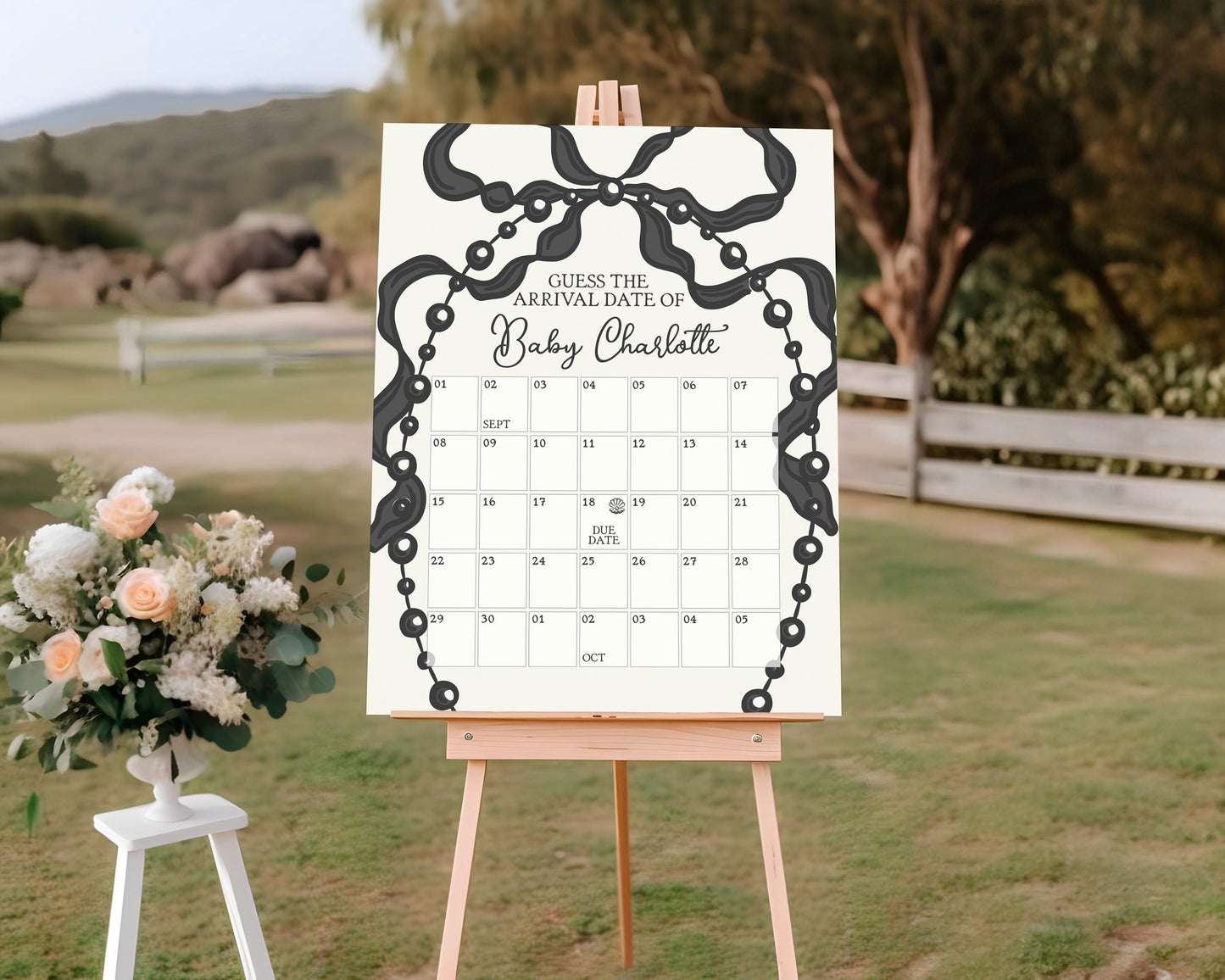 French Theme Little Pearl Baby Shower Guess the Date Game Template, Whimsical Ribbon Black Bow Baby Sprinkle Decor Black and White WP1002