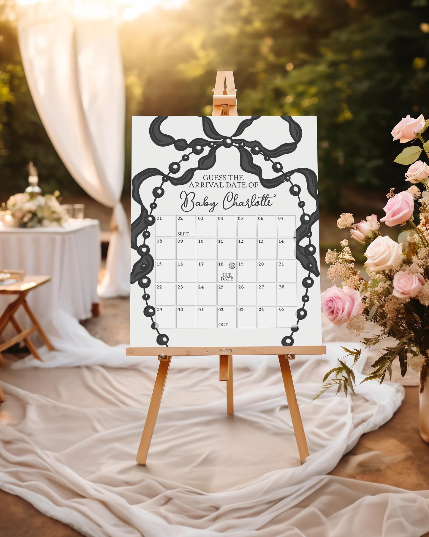 French Theme Little Pearl Baby Shower Guess the Date Game Template, Whimsical Ribbon Black Bow Baby Sprinkle Decor Black and White WP1002