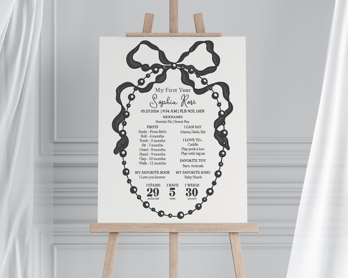 French Theme Little Pearl First Year Milestone Sign Printable Template, Whimsical Ribbon Black Bow 1st Birthday Party Decor Girl Bday WP1002