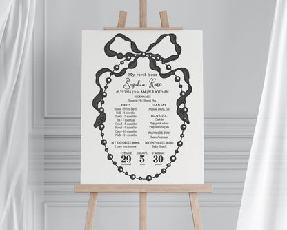 French Theme Little Pearl First Year Milestone Sign Printable Template, Whimsical Ribbon Black Bow 1st Birthday Party Decor Girl Bday WP1002