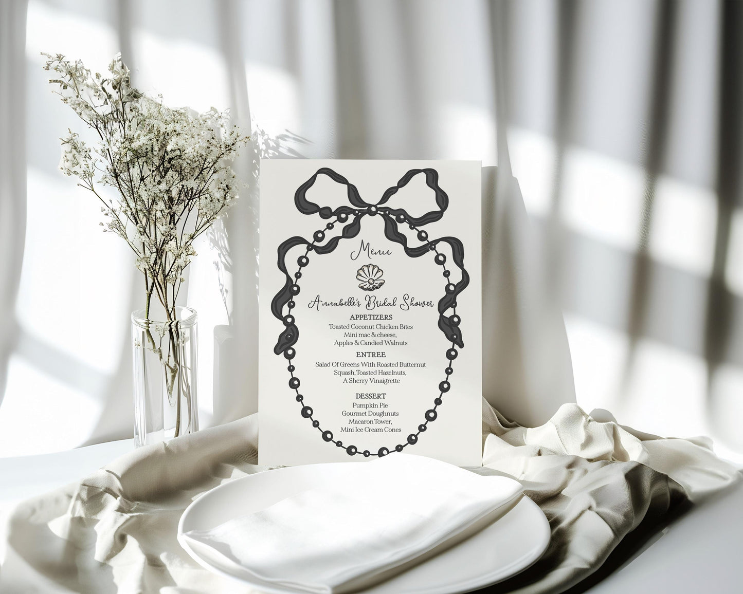 French Theme Pearls and Prosecco Printable Wedding Menu Template, Whimsical Ribbon Black Bow Brunch and Bubbly Decor Bridal Brunch WP1002