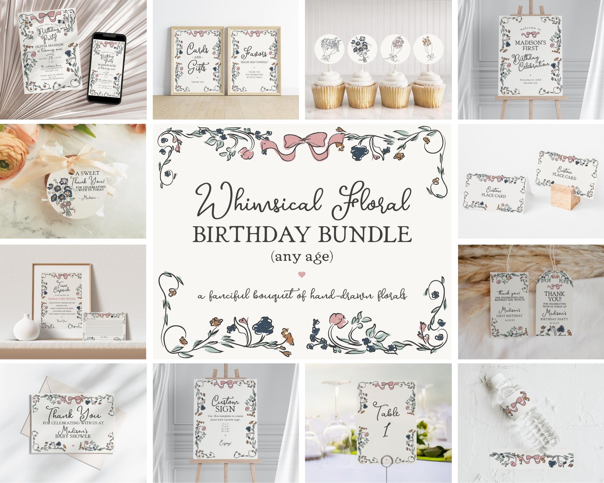 French Floral Birthday Bundle Printable Template, Hand Drawn Birthday Party for Girl, Boho French Garden Party Decor, Illustrated Doodle