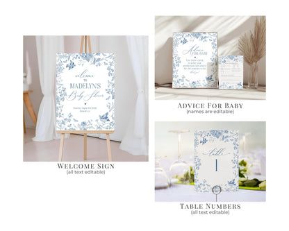 Blue Toile De Jouy Baby Shower Printable Bundle, Baby in Bloom Wildflower Chinoiserie Baby Brunch Spring Toile Butterflies and Birds WP1004