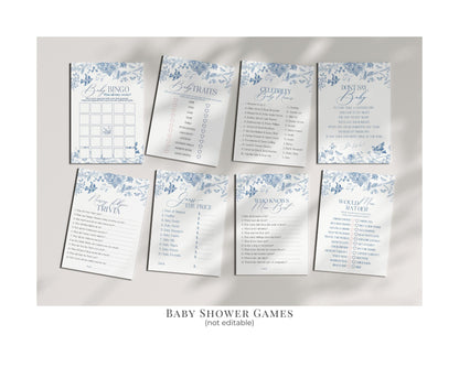 Blue Toile De Jouy Baby Shower Printable Bundle, Baby in Bloom Wildflower Chinoiserie Baby Brunch Spring Toile Butterflies and Birds WP1004