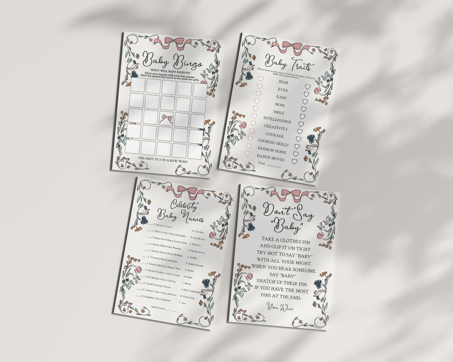 French Floral Baby Shower Games Set Printable Template, Hand Drawn Baby Sprinkle for Girl, Boho French Garden Party, Illustrated Doodle