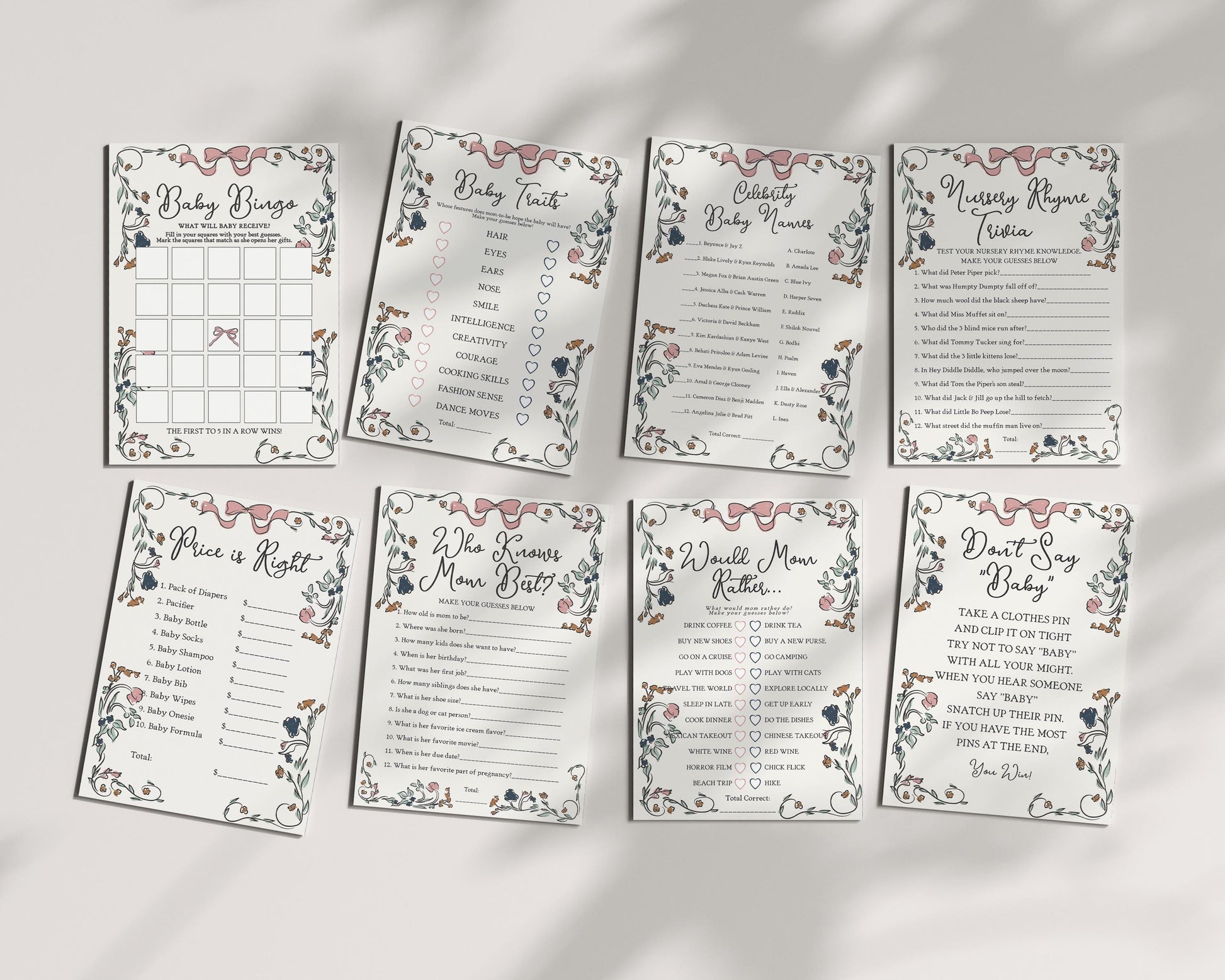 French Floral Baby Shower Games Set Printable Template, Hand Drawn Baby Sprinkle for Girl, Boho French Garden Party, Illustrated Doodle