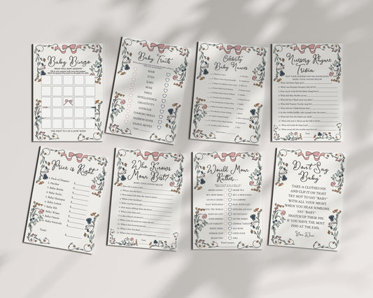 French Floral Baby Shower Games Set Printable Template, Hand Drawn Baby Sprinkle for Girl, Boho French Garden Party, Illustrated Doodle