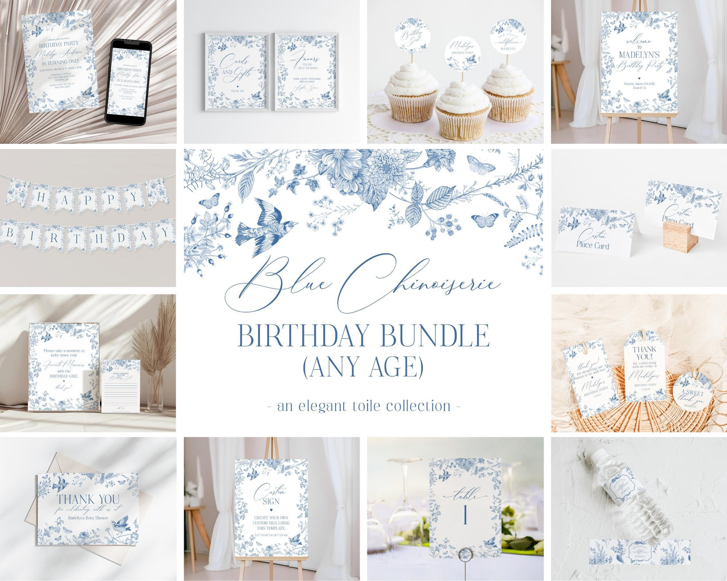 Blue Toile De Jouy Birthday Bundle Printable Template, Chinoiserie Birthday Party Decor, Wildflower Toile with Butterflies and Birds WP1004