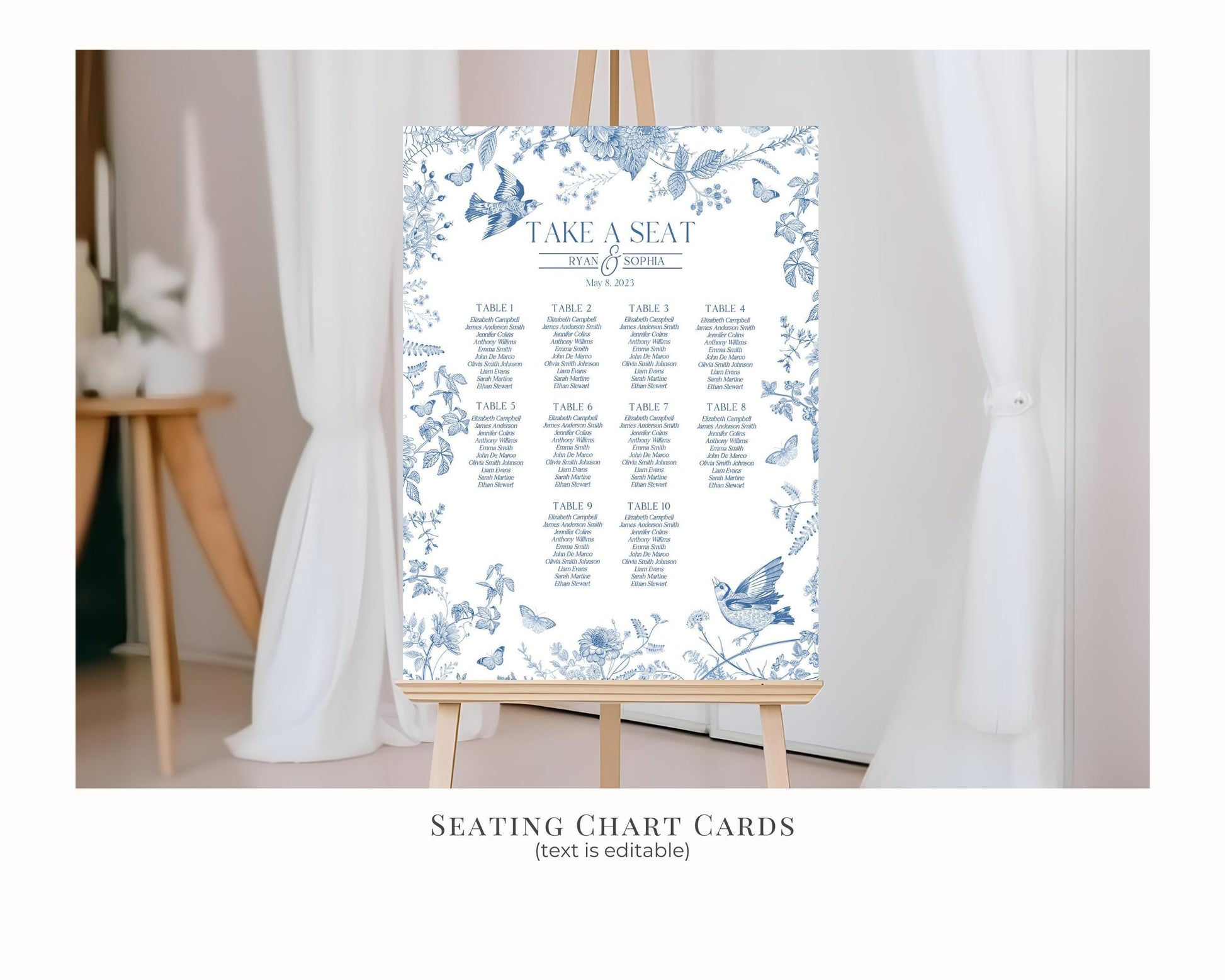 Blue Toile De Jouy Birthday Bundle Printable Template, Chinoiserie Birthday Party Decor, Wildflower Toile with Butterflies and Birds WP1004