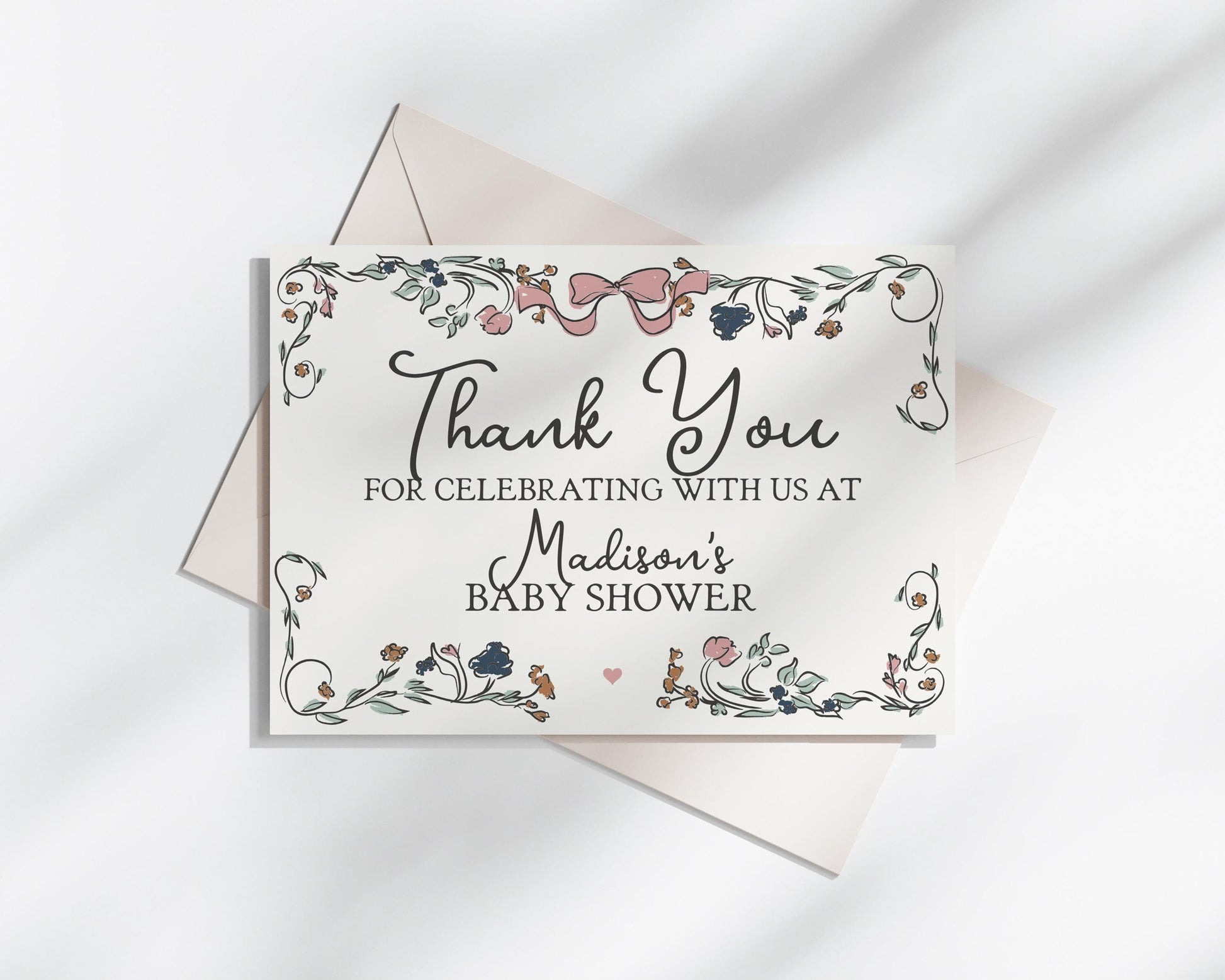 French Floral Thank You Card Printable Template, Hand Drawn Birthday Decor for Summer Boho French Garden Baby Shower or Bridal Shower