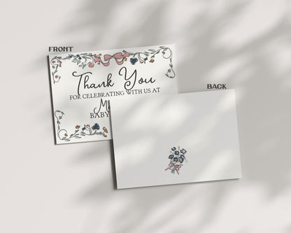 French Floral Thank You Card Printable Template, Hand Drawn Birthday Decor for Summer Boho French Garden Baby Shower or Bridal Shower