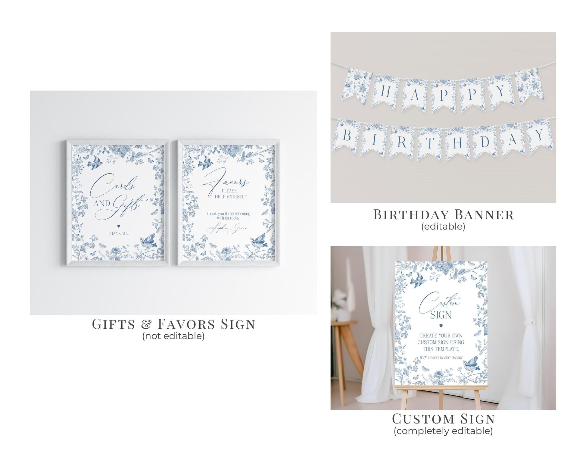 Blue Toile De Jouy First Birthday Bundle Printable Template, Chinoiserie Birthday Party, Wildflower Toile with Butterflies and Birds WP1004